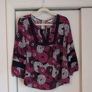 Crown & Ivy Pink and Navy Patterned Blouse Large